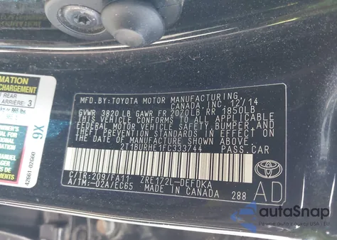 2015 Toyota Corolla L from USA, damaged, VIN 2T1BURHE1FC333744